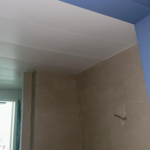 Pose de faux-plafonds et de carrelage au mur.